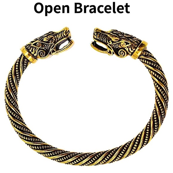 Gold Dragon Viking Head Vintage Norse Arm Band Cuff Bangle Bracelet - Picture 4 of 4
